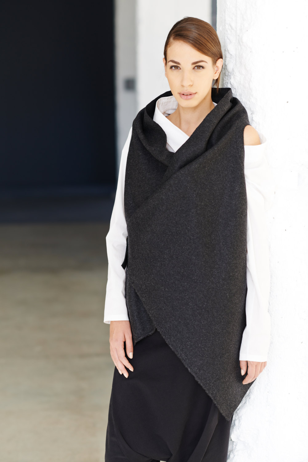 Charcoal Kasha Sleeveless Coat / Graphite Wool Overcoat / Asymmetrical Vest With Premium Leather Black Strap By Arya Sense