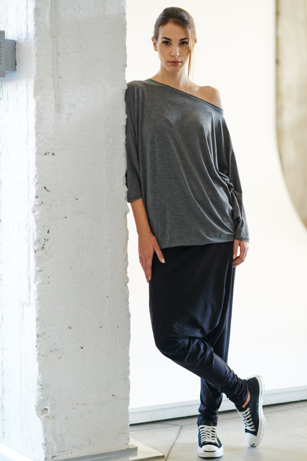 Loose Gray Тop / Oversized Cotton Blouse / Casual Top / Bat-winged Grey Flannel Top By Arya Sense