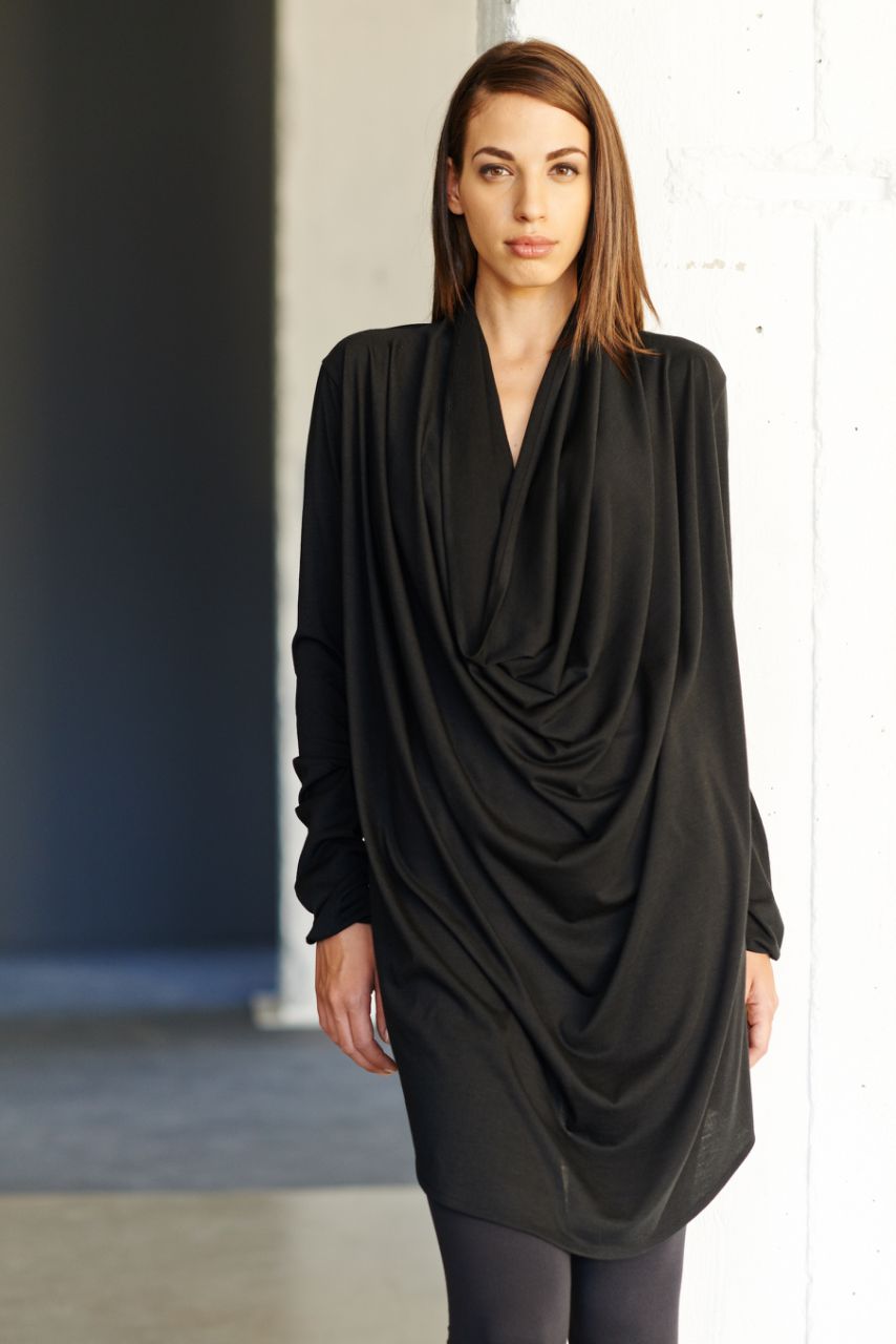 Black Drape Tunic / Reversible Black Dress / Long Sleeves Tunic Top / Loose Casual Black Blouse By Arya Sense